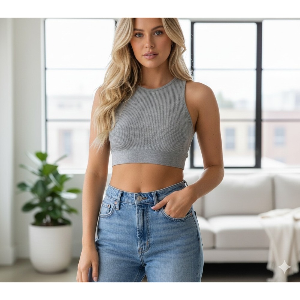 FEAR OF GOD ESSENTIALS Waffle Knit Crop Sport Tank Women's XL Dark Heather Gray